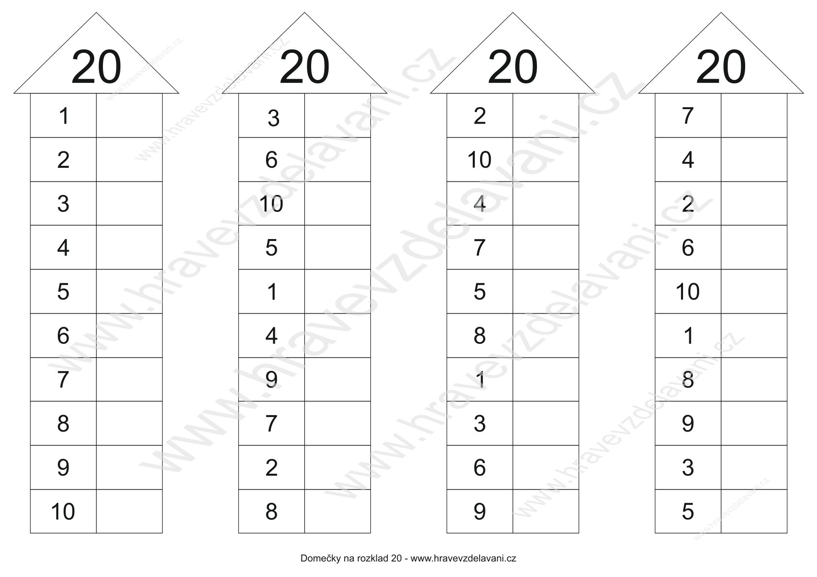 Pracovní listy domečky se 2 sloupci (sčítání a odčítání do 20)