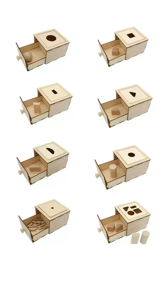 Vhazování do šuplíčku s 9 výměnnými vršky a mnoha dřevěnými předměty na vhazování